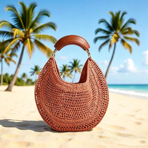Women's Straw Hobo Bag Woven Crescent Shoulder Bag Summer Beach Tote Bag with Leather Handle for Vacation Travel | PU leather handle in Kuwait