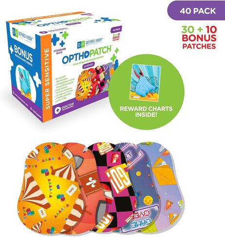 Opthopatch Kids Eye Patches with Extra Hypoallergenic Acrylic Adhesive, 40 Breathable Patches for Amblyopia & Lazy Eye, Fun Boy-Friendly Designs, Includes 1 Rewards Chart by Defined Vision in Saudi Arabia