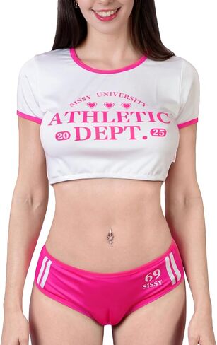 Littleforbig Sissy University Varsity Gym Bralette Set with Built-in Camel Toe Tucking Gaff Shorts, Feminine Outfit in Kuwait