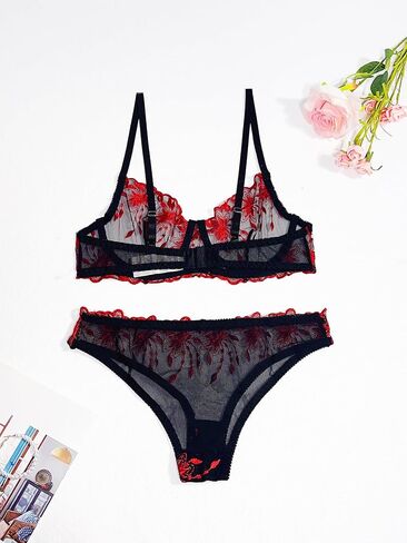 Womens Floral Lace Lingerie Set,Sheer Mesh Underwire Bra and High-Cut Briefs with Red Embroidery,Romantic for Valentine's Day in Kuwait