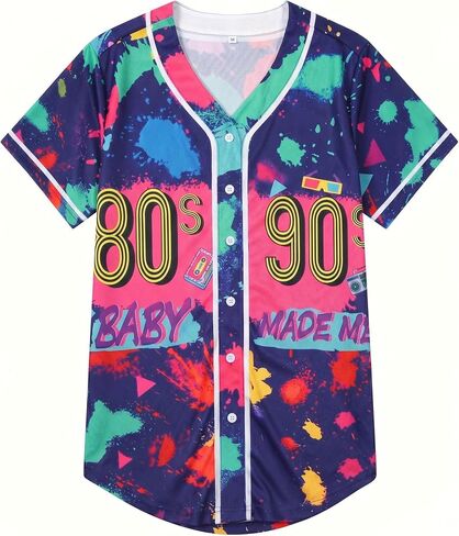 80s 90s قمصان للنساء الهيب هوب مخصص البيسبول جيرسي ديسكو 80s 90s موضوع حفلة الزي ريترو النيون كم قصير in Kuwait