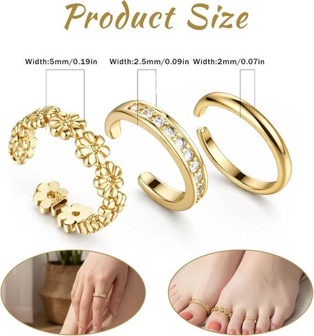 3Pcs Gold Filled Toe Rings for Women, Non Tarnish Gold Filled Toe Ring Cute Simple Hawaiian Trendy Rings Adjustable Flower Dainty Ring Summer Beach Open Foot Jewelry Set in Saudi Arabia