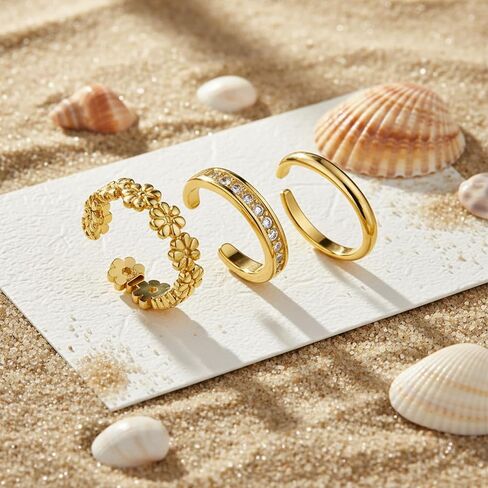 3Pcs Gold Filled Toe Rings for Women, Non Tarnish Gold Filled Toe Ring Cute Simple Hawaiian Trendy Rings Adjustable Flower Dainty Ring Summer Beach Open Foot Jewelry Set in Saudi Arabia