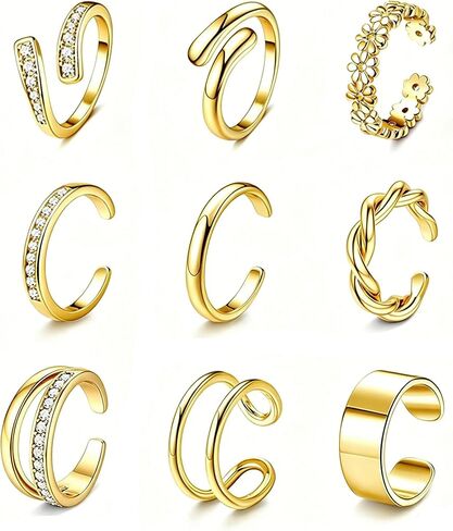 LOFITOR 9PCS Toe Rings for Women Non Tarnish Adjustable 14K Gold Filled Toe Ring CZ Set Simple Hug Chunky Open Band Rings Waterproof Silver Toe Rings Hawaiian Beach Summer Foot Jewelry in Saudi Arabia