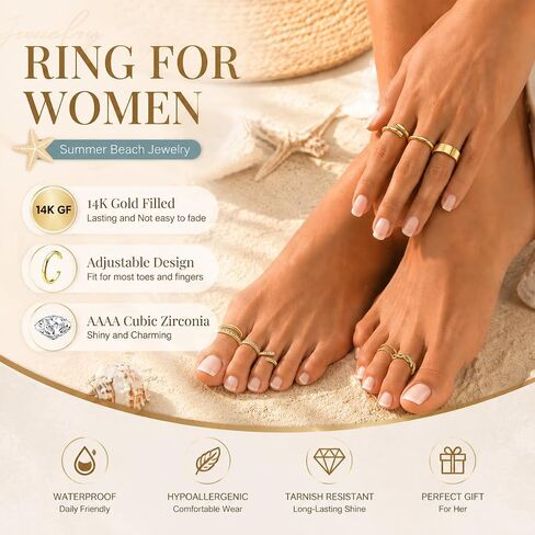 LOFITOR 9PCS Toe Rings for Women Non Tarnish Adjustable 14K Gold Filled Toe Ring CZ Set Simple Hug Chunky Open Band Rings Waterproof Silver Toe Rings Hawaiian Beach Summer Foot Jewelry in Saudi Arabia