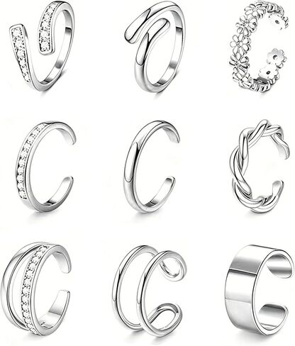 LOFITOR 9PCS Toe Rings for Women Non Tarnish Adjustable 14K Gold Filled Toe Ring CZ Set Simple Hug Chunky Open Band Rings Waterproof Silver Toe Rings Hawaiian Beach Summer Foot Jewelry in Saudi Arabia