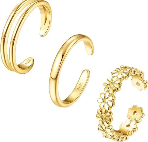 14K Gold Plated Toe Rings for Women, Adjustable Open Toe Ring Set 3Pcs, Non Tarnish Gold Toe Rings, Hypoallergenic Plain Double Band Daisy Flower Toes Rings, Summer Beach Foot Jewelry Gifts for Her in Kuwait