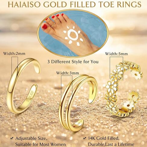 14K Gold Plated Toe Rings for Women, Adjustable Open Toe Ring Set 3Pcs, Non Tarnish Gold Toe Rings, Hypoallergenic Plain Double Band Daisy Flower Toes Rings, Summer Beach Foot Jewelry Gifts for Her in Kuwait