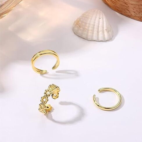 14K Gold Plated Toe Rings for Women, Adjustable Open Toe Ring Set 3Pcs, Non Tarnish Gold Toe Rings, Hypoallergenic Plain Double Band Daisy Flower Toes Rings, Summer Beach Foot Jewelry Gifts for Her in Kuwait