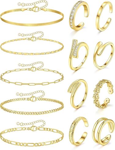 13 Pcs Toe Rings and Ankle Bracelets for Women Non Tarnish - Toe Rings Silver Gold Plated Adjustable Open Tail Toe Ring - Beach Foot Jewelry for Summer in Kuwait