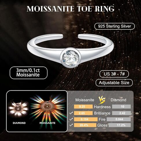 Moissanite Toe Ring for Women - 925 Sterling Silver 0.1ct Moissanite Diamond Bezel Set Solitaire Toe Ring D Color VVS1 Summer Beach Open Toe Rings Foot Jewelry in Kuwait