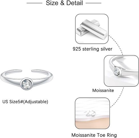 Moissanite Toe Ring for Women - 925 Sterling Silver 0.1ct Moissanite Diamond Bezel Set Solitaire Toe Ring D Color VVS1 Summer Beach Open Toe Rings Foot Jewelry in Kuwait
