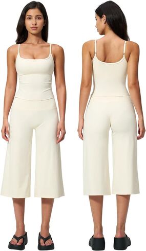 Women 2 Piece Workout Set Adjustable Spaghetti Straps Tank Top and High Waist Active Wide Leg Capri Pants Yoga Outfits in Saudi Arabia