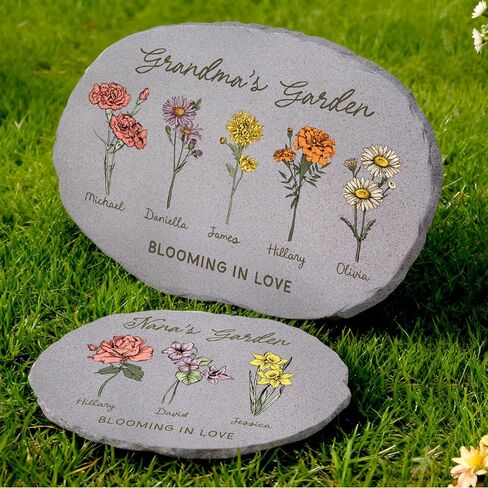 Personalized Grandma’s Garden Stone, Custom Birth Month Flower Garden Marker with Kids’ Names, Optional Sizes, Grandma Gift, 4 Flowers in Saudi Arabia