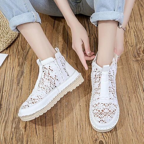 Lace Ankle Booties for Women - Breathable Crochet Hollow Out Booties, Casual Dressy Slip On Summer Shoes - Flat Comfort Walking Fashion Booties, Spring Vacation Cutout Footwear in Kuwait