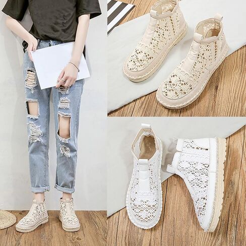 Lace Ankle Booties for Women - Breathable Crochet Hollow Out Booties, Casual Dressy Slip On Summer Shoes - Flat Comfort Walking Fashion Booties, Spring Vacation Cutout Footwear in Kuwait
