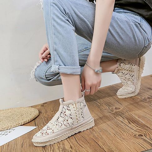 Lace Ankle Booties for Women - Breathable Crochet Hollow Out Booties, Casual Dressy Slip On Summer Shoes - Flat Comfort Walking Fashion Booties, Spring Vacation Cutout Footwear in Kuwait