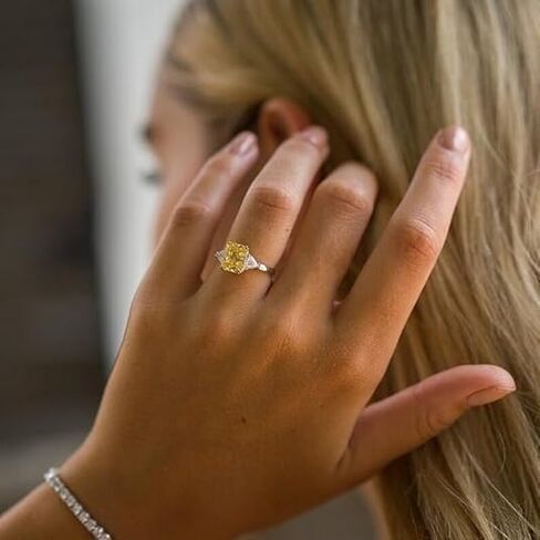 3.50 TC Canary Yellow Radiant Cut Moissanite Ring,Trilliant Cut Sides, Solid White Gold,Three Stone Ring,4 Double Claw Prongs Wedding Ring For Women in Saudi Arabia