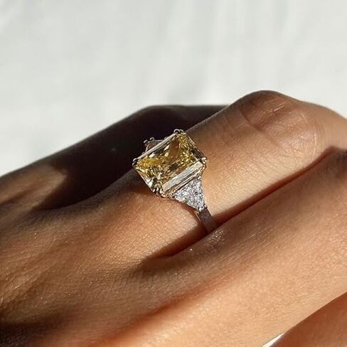 3.50 TC Canary Yellow Radiant Cut Moissanite Ring,Trilliant Cut Sides, Solid White Gold,Three Stone Ring,4 Double Claw Prongs Wedding Ring For Women in Saudi Arabia