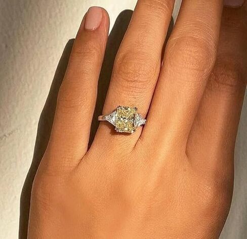 3.50 TC Canary Yellow Radiant Cut Moissanite Ring,Trilliant Cut Sides, Solid White Gold,Three Stone Ring,4 Double Claw Prongs Wedding Ring For Women in Saudi Arabia