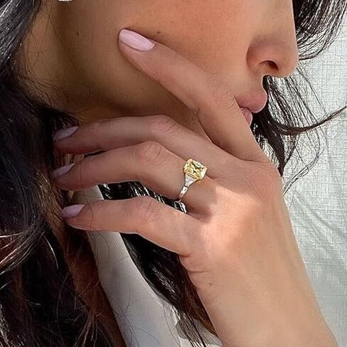 3.50 TC Canary Yellow Radiant Cut Moissanite Ring,Trilliant Cut Sides, Solid White Gold,Three Stone Ring,4 Double Claw Prongs Wedding Ring For Women in Saudi Arabia