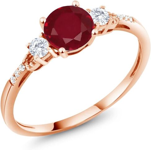 Gem Stone King 10K Rose Gold Red Ruby White Created Sapphire and White Diamond Accent 3-Stone Engagement Ring For Women | 1.14 Cttw | Round 6MM | Wedding Engagement Anniversary Ring in Kuwait