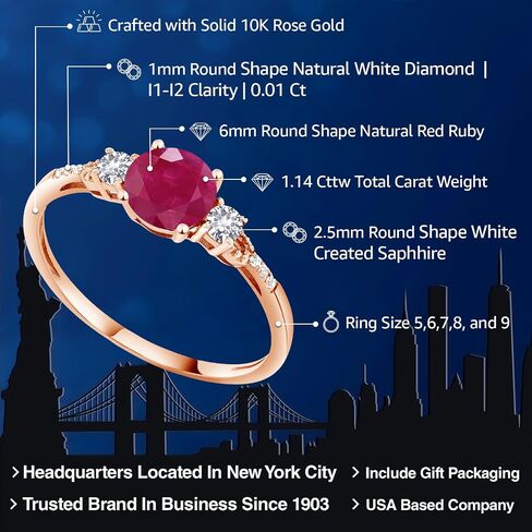 Gem Stone King 10K Rose Gold Red Ruby White Created Sapphire and White Diamond Accent 3-Stone Engagement Ring For Women | 1.14 Cttw | Round 6MM | Wedding Engagement Anniversary Ring in Kuwait