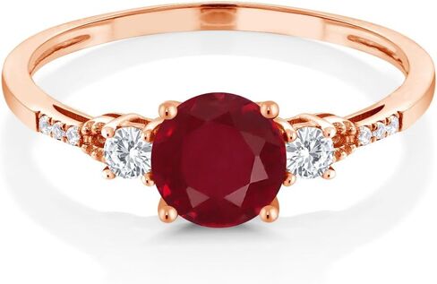 Gem Stone King 10K Rose Gold Red Ruby White Created Sapphire and White Diamond Accent 3-Stone Engagement Ring For Women | 1.14 Cttw | Round 6MM | Wedding Engagement Anniversary Ring in Kuwait