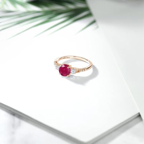 Gem Stone King 10K Rose Gold Red Ruby White Created Sapphire and White Diamond Accent 3-Stone Engagement Ring For Women | 1.14 Cttw | Round 6MM | Wedding Engagement Anniversary Ring in Kuwait