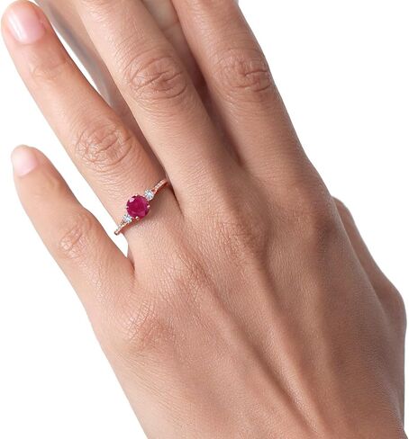 Gem Stone King 10K Rose Gold Red Ruby White Created Sapphire and White Diamond Accent 3-Stone Engagement Ring For Women | 1.14 Cttw | Round 6MM | Wedding Engagement Anniversary Ring in Kuwait