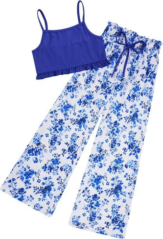 Girl Clothes 2 Piece Outfit Hawaiian Tropical Crop Cami Tops and Wide Leg Pants Set Size 6-12 in Saudi Arabia