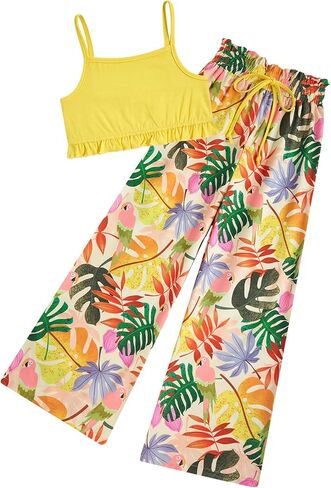Girl Clothes 2 Piece Outfit Hawaiian Tropical Crop Cami Tops and Wide Leg Pants Set Size 6-12 in Saudi Arabia