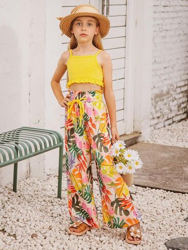 Girl Clothes 2 Piece Outfit Hawaiian Tropical Crop Cami Tops and Wide Leg Pants Set Size 6-12 in Saudi Arabia