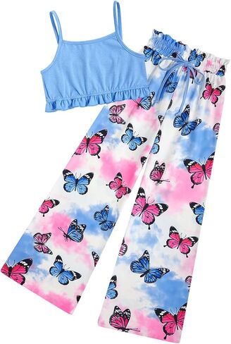 Girl Clothes 2 Piece Outfit Hawaiian Tropical Crop Cami Tops and Wide Leg Pants Set Size 6-12 in Saudi Arabia