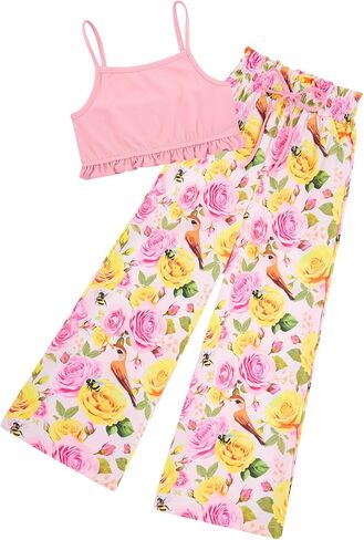Girl Clothes 2 Piece Outfit Hawaiian Tropical Crop Cami Tops and Wide Leg Pants Set Size 6-12 in Saudi Arabia