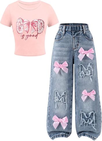 Cakaner Toddler Girls Clothes 2 Piece Cute Shirt and Wide Leg Jeans Kids Clothing Set Size 4-8 in Saudi Arabia