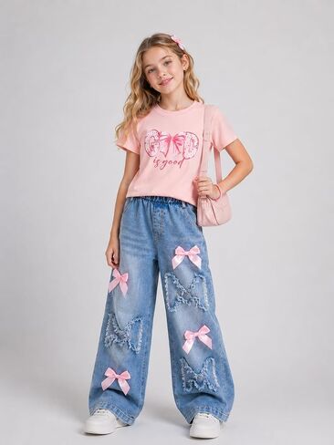 Cakaner Toddler Girls Clothes 2 Piece Cute Shirt and Wide Leg Jeans Kids Clothing Set Size 4-8 in Saudi Arabia
