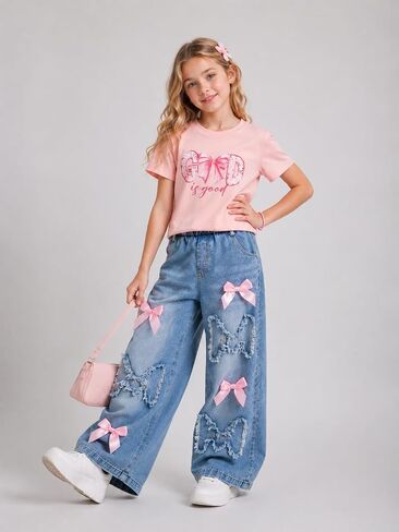 Cakaner Toddler Girls Clothes 2 Piece Cute Shirt and Wide Leg Jeans Kids Clothing Set Size 4-8 in Saudi Arabia