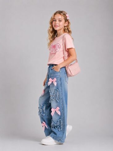 Cakaner Toddler Girls Clothes 2 Piece Cute Shirt and Wide Leg Jeans Kids Clothing Set Size 4-8 in Saudi Arabia
