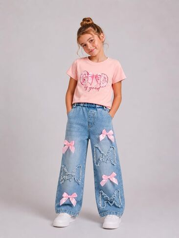Cakaner Toddler Girls Clothes 2 Piece Cute Shirt and Wide Leg Jeans Kids Clothing Set Size 4-8 in Saudi Arabia