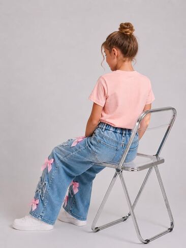 Cakaner Toddler Girls Clothes 2 Piece Cute Shirt and Wide Leg Jeans Kids Clothing Set Size 4-8 in Saudi Arabia