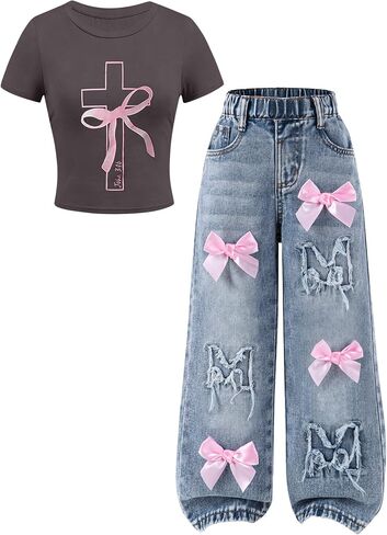 Cakaner Toddler Girls Clothes 2 Piece Cute Shirt and Wide Leg Jeans Kids Clothing Set Size 4-8 in Saudi Arabia