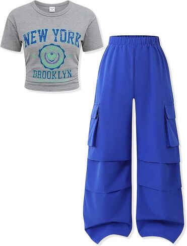 Girls Clothes Teenage Girls 2 Piece Outfit Short Sleeve Top + Cargo Pants Outfits for Tweens,Sizes 7-16 Years in Kuwait