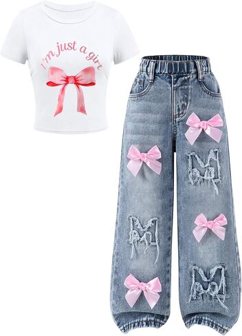 Cakaner Toddler Girls Clothes 2 Piece Cute Shirt and Wide Leg Jeans Kids Clothing Set Size 4-8 in Saudi Arabia