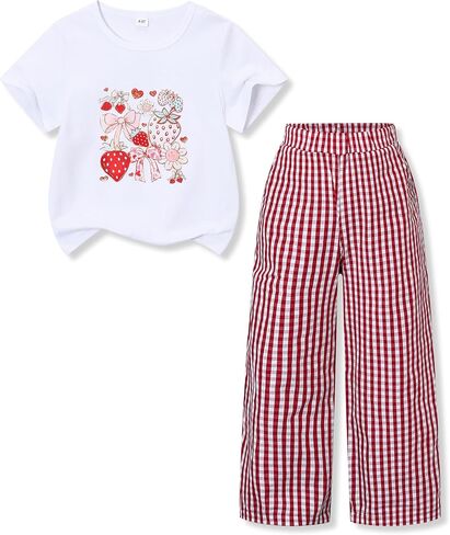 Azmxynol Girls Clothes Toddler Little Girl 2 Piece Summer Fall Outfit Cherry T Shirt + Plaid Pants Set, Size 4-8 Years in Saudi Arabia
