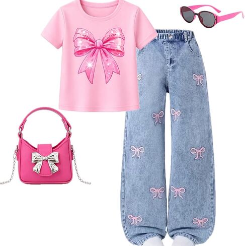 Y2K Outfits for Girls 10-12, 4 Piece Set Graphic T Shirt & Wide Leg Denim Jeans for Tween Girls in Saudi Arabia