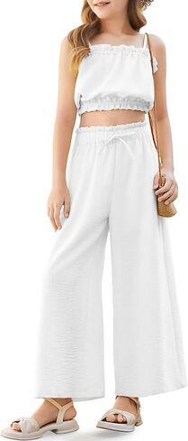 Girl's 2 Piece Set Ruffle Trim Cami Tops Tie Waist Wide Leg Pants Girls Summer Outfits Vocation 5-14Y in Kuwait