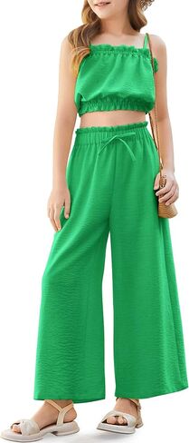 Girl's 2 Piece Set Ruffle Trim Cami Tops Tie Waist Wide Leg Pants Girls Summer Outfits Vocation 5-14Y in Kuwait