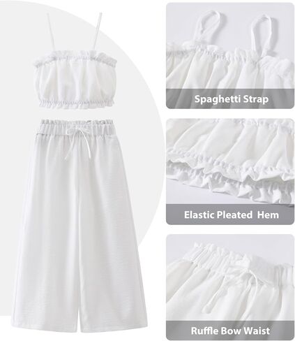 Girl's 2 Piece Set Ruffle Trim Cami Tops Tie Waist Wide Leg Pants Girls Summer Outfits Vocation 5-14Y in Kuwait