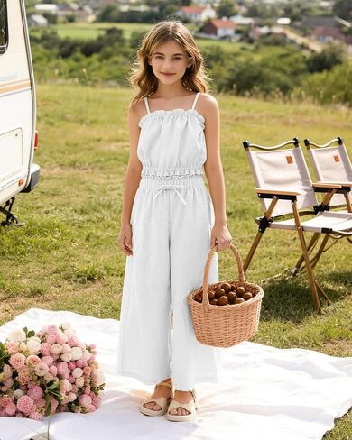 Girl's 2 Piece Set Ruffle Trim Cami Tops Tie Waist Wide Leg Pants Girls Summer Outfits Vocation 5-14Y in Kuwait